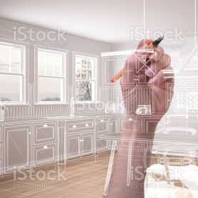 Empty white interior with parquet floor and three panoramic windows, hand drawing custom architecture design, white ink sketch, blueprint showing classic kitchen